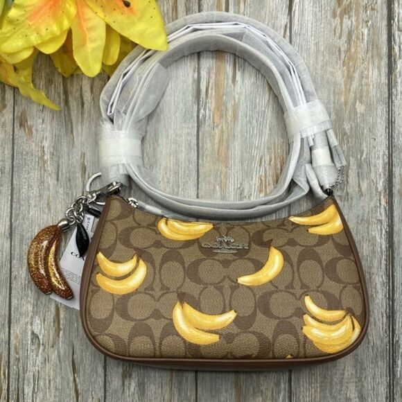 Teri Shoulder Bag In Signature Canvas With Banana Print & Charm Crossbody Purse - Picture 1 of 5